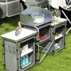 "Outsunny Camping Kitchen" sulankstoma virtuvė "Windbreak" 3 spintelės 3 stalviršiai Reguliuojamas šviesos stovas Camping Garden Aliuminio Oxford Pilkas