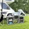 "Outsunny Camping Kitchen" sulankstoma virtuvė "Windbreak" 3 spintelės 3 stalviršiai Reguliuojamas šviesos stovas Camping Garden Aliuminio Oxford Pilkas
