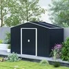 Outsunny cinkuoto plieno įrankių namelis 4,9 m² 277x195x192 cm, sodo namelis su dvišlaičiu stogu, pamatu, rakinamomis stumdomomis durimis, atsparus oro sąlygoms, tamsiai pilkas