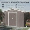"Outsunny" cinkuota plieninė stoginė 4,9 m² 277x195x192cm stoginė su šlaitiniu stogu, pamatais, rakinamomis stumdomomis durimis, apsaugota nuo atmosferos poveikio, lauko stoginė kiemui, šviesiai pilka
