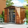 Outsunny metalinis sodo namelis, medžio imitacija, 3 m², 152 x 235,7 x 208,7 cm, įrankių pašiūrė su dvišlaičiu stogu, langu ir dvigubomis stumdomomis durimis, atsparus oro sąlygoms, lauko sandėliukas kiemui, rudas