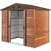 Outsunny metalinis sodo namelis, medžio imitacija, 3 m², 152 x 235,7 x 208,7 cm, įrankių pašiūrė su dvišlaičiu stogu, langu ir dvigubomis stumdomomis durimis, atsparus oro sąlygoms, lauko sandėliukas kiemui, rudas