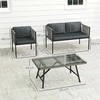 Lauko baldų komplektas „Outsunny“ polirango sodo baldų komplektas, poilsio baldų rinkinys su 2 vietų sofa, foteliu, stikliniu stalu, pagalvėlėmis, atsparus oro sąlygoms, balkonų baldai 4 asmenims, lauko sėdimoji grupė, terasos baldai sodui, balkonui, pilkas