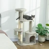 PawHut 114 cm draskyklė katėms su nameliu, sizalio stulpais, platforma, kelių lygių, skirta vidutinio dydžio katėms iki 6kg, šviesiai pilka