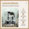 PawHut katės namelis su 1 katės guoliu, 1 katės lova, 2 platformomis, jutinio lyno stulpais, balta + pilka