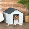 "PawHut" šunų būda, šuns būda su balniniu stogu, oro sąlygoms atspari maža būda vidutinio dydžio šunims iki 20 kg, lauko šunų būda, 65 x 75,7 x 63 cm, pilka