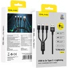 Blavec Kabelis Trixo pleciony – USB į 2xTyp C + Lightning – QC 18W PD60W 3A 1,3 m.a (CTR-U2CL3B13) juodos spalvos