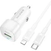 „Borofone“ automobilinis įkroviklis BZ34B Cloud – USB + C tipo – QC 3.0 PD 38W su C tipo į „Lightning“ laidu, baltas