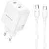 Borofone kelioninis įkroviklis BN31 Cargador GaN – 2xType C – QC 3.0 PD 45W with Type C to Type C cable baltos spalvos