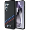 Original dėklas BMW Leather Tricolor Crossing Stripes MagSafe skirtas Samsung Galaxy S25 juodos spalvos