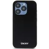DKNY PU Leather Sidabrinis Metal Logo Magsafe dėklas telefonui Apple iPhone 15 Pro juodos spalvos