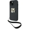 DKNY PU Leather Stack Logo Wrist Strap dėklas telefonui Apple iPhone 13 juodos spalvos