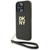 DKNY PU Leather Stack Logo Wrist Strap dėklas telefonui Apple iPhone 14 Pro Max rudos spalvos