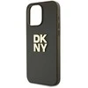 DKNY PU Leather Stack Logo Wrist Strap dėklas telefonui Apple iPhone 14 Pro Max rudos spalvos