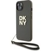 DKNY PU Leather Stack Logo Wrist Strap dėklas telefonui Apple iPhone 13 rudos spalvos