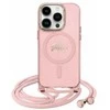 Guess GUHMP16SHCTSGNSP Apple iPhone 16 6.1″ rožinės spalvos kietas dėklas Crossbody Cord Script MagSafe