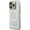 Guess IML Gold Outline Stand Camera Frame MagSafe dėklas skirtas Apple iPhone 15 Pro skaidrus