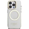 Guess IML Gold Outline Stand Camera Frame MagSafe dėklas skirtas Apple iPhone 15 Pro skaidrus