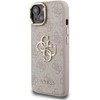 Guess PU 4G Metal Logo Stand Camera Frame dėklas skirtas Apple iPhone 15 rožinės spalvos