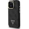 Guess PU 4G Strass Triangle Logo Stand Camera Frame MagSafe dėklas skirtas Apple iPhone 15 Pro Max juodos spalvos