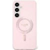 Dėklas Guess Rhinestones Printed Classic Logo MagSafe Samsung Galaxy S25 rožinės spalvos