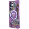 Dėklas Guess Glitter Flowers Triangle Mygtukai MagSafe for Samsung Galaxy S25 Ultra violetinė