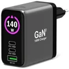 Port Designs PORT CONNECT GaN2 wall charger for 2×USB-C PD 3.1 and USB-A QC 3.0, 140W, OLED display, juodas