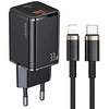 USAMS Laidinis įkroviklis 1xUSB-C+1xUSB T43 33W PD3.0 + QC3.0 + U63 cable USB-C to Lightning juodos spalvos USKT