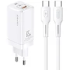 USAMS Laidinis įkroviklis MT 2xUSB-C + USB GaN 65W T33 PD + USB-C to USB-C Cable 100W Fast Charging baltos spalvos