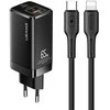 USAMS Tinklo įkroviklis MT 2xUSB-C+USB GaN 65W T33 PD + kabelis USB-C-Lightning 30W Fast Charging juodos spalvos MTXLOGTL01