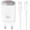 XO laidinis įkroviklis CE21 PD 30W 1x USB-C 1x USB baltos spalvos + kabelis USB-C - USB-C