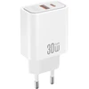 XO sieninis įkroviklis CE42 PD 30W 1x USB-C 1x USB baltas + laidas USB-C – USB-C