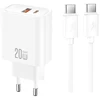 XO sieninis įkroviklis CE42 PD 30W 1x USB-C 1x USB baltas + laidas USB-C – USB-C