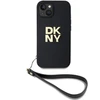 DKNY PU odos dėklas telefonui iPhone 13 su logotipu ir riešo dirželiu, juodos spalvos