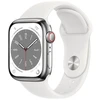 Išmanusis laikrodis „Apple Watch 8 GPS + Cellular“ 41 mm nerūdijančio plieno sportinis dirželis, sidabrinis/baltas (MNJ53EL/A)
