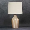 Eurofirany Dekoratyvinis pastatomas šviestuvas su stikliniu pagrindu ir bėžiniu gaubtu, aukso atspalvis, 34x59 cm, glamour ir moderniam interjerui, stilingas kambario apšvietimas