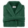 Medvilninis frotinis chalatas, unisex dizainas, ilgis iki kelių, su juosmens diržu ir šoninėmis kišenėmis, 450 g/m² tankis, butelio žalios spalvos, S ir M dydžiai, minkštas namų chalatas