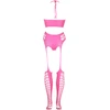 Ouch By Shots NEON Rožinė Two-Piece Crop Top &amp; Garter Stockings Set UV Active S-L