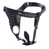 XR Brands Master Series Leather Chastity Harness with Silicone Plug, Adjustable