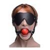 Xr Brands Sex &amp; Mischief Blindfold Harness with Raudona Ball Gag Adjustable Juodas