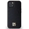 DKNY DKHMP14SPSHRPSK Apple iPhone 14 15 13 juodos spalvos kietas dėklas Leather Monogram Pattern Metal Logo MagSafe