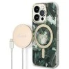 Guess set telefono dėklas + pakrovėjas iPhone 14 Pro Max 6,7 GUBPP14XHJEACSA žalias hard telefono dėklas Jungle MagSafe