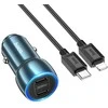 HOCO automobilinis pakrovėjas 2 x Type C + Type C laidas skirtas Lightning PD QC3.0 3A 40W Z48 mėlynas