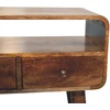 Artisan Furniture Kompaktiškas lenktas mango medienos konsolinis staliukas su 2 stalčiais, pilkos apdailos