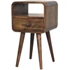 Artisan Furniture Kompaktiškas mango medienos naktinis staliukas su stalčiumi ir lentyna, pilkos apdailos