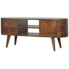 TV staliukas Artisan Furniture Apvalintų formų mango medienos TV spintelė su 4 stalčiais, kaštono atspalvio