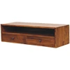 TV staliukas Artisan Furniture Lunar prie sienos montuojama mango medienos TV spintelė su 2 stalčiais, kaštono atspalvio