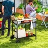 "Outsunny" grilio vežimėlis 3 pakopų serviravimo vežimėlis su darbiniu paviršiumi, rankenomis, dangčiu, ratukais, reguliuojamo aukščio BBQ grilio stalas iš nerūdijančio plieno, grilio staliukas, lauko vežimėlis sodo kepsninei 100x52x80cm juodas