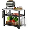 "Outsunny" kepsninės vežimėlis 3 pakopų serviravimo vežimėlis su darbiniu paviršiumi, lentynomis, kabliukais, ratukais, nerūdijančio plieno BBQ kepsninės stalas, kepsninės staliukas, lauko vežimėlis, medžio anglių kepsninė sodo kepsninei 102x50x81cm medžio anglių pilka