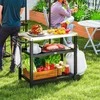 "Outsunny" kepsninės vežimėlis 3 pakopų serviravimo vežimėlis su darbiniu paviršiumi, lentynomis, kabliukais, ratukais, nerūdijančio plieno BBQ kepsninės stalas, kepsninės staliukas, lauko vežimėlis, medžio anglių kepsninė sodo kepsninei 102x50x81cm medžio anglių pilka